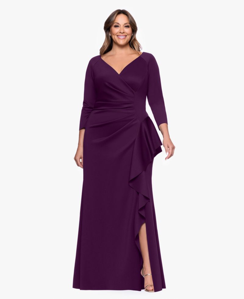 Plus V-Neck Ruffled Side-Slit Scuba Gown
