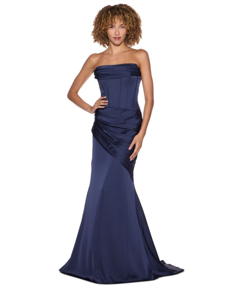 Juniors' Strapless Cowl Neck Long Gown