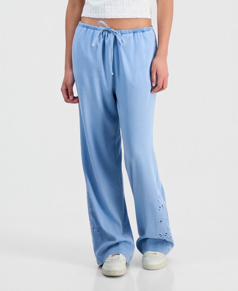 Juniors' Chambray Eyelet-Hem Drawstring Pants