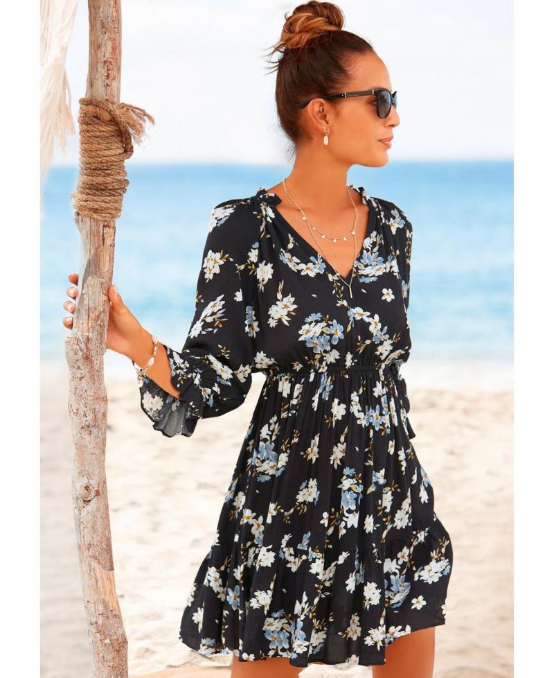 Women's Viscose Printed Ruffle 3/4 Sleeve Lace Elastic-Waist Short Dress