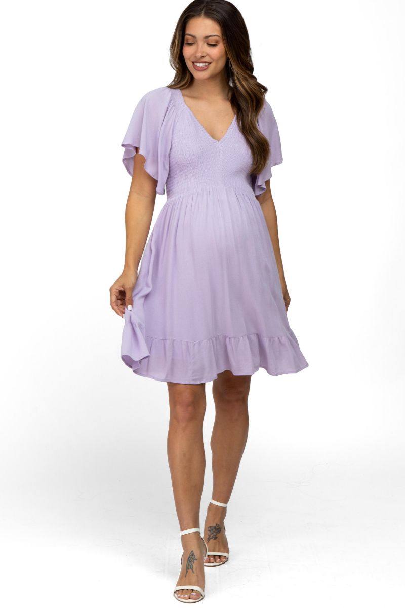 Women's Lavender Smocked Front Ruffle Hem Dress