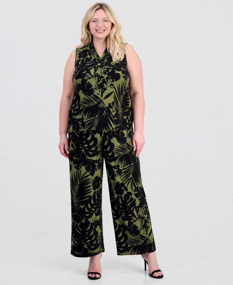 Plus Size Printed Triple-Pleat V-Neck Top