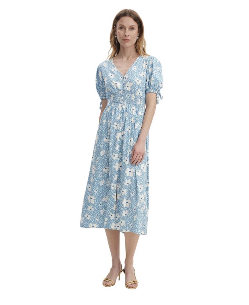 Women's Margot Button Through Midi Floral V-Neck Puff Sleeve Dress