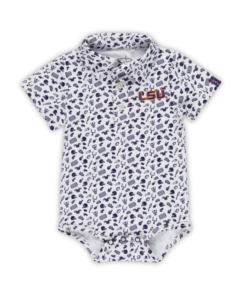 Baby Boys and Girls Purple LSU Tigers Tom Allover Print Performance Polo Bodysuit