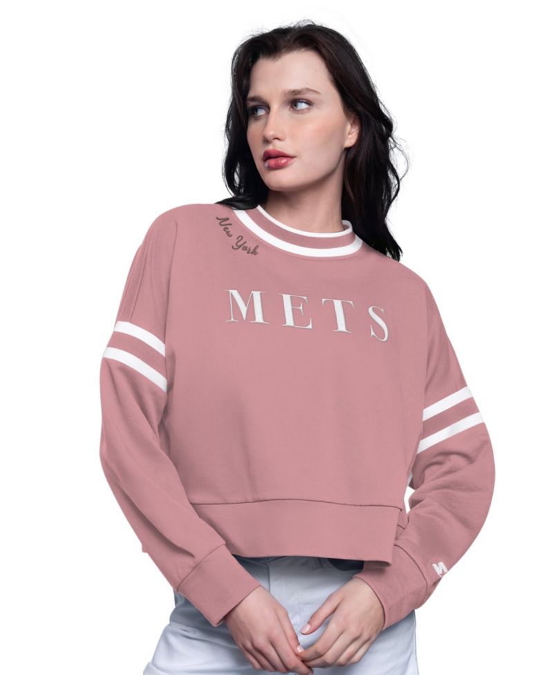 Women's Starter Pink New York Mets Power Play Cropped Pullover Sweatshirt