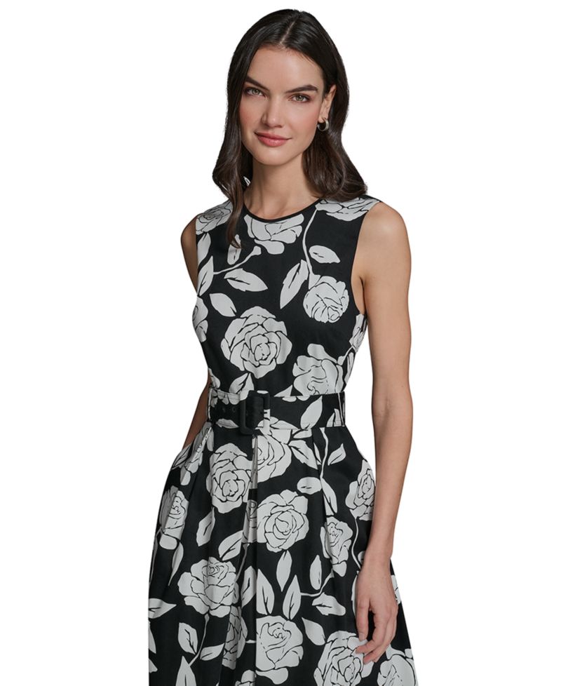 Women's Floral Border Print Crew Neck Midi Dress