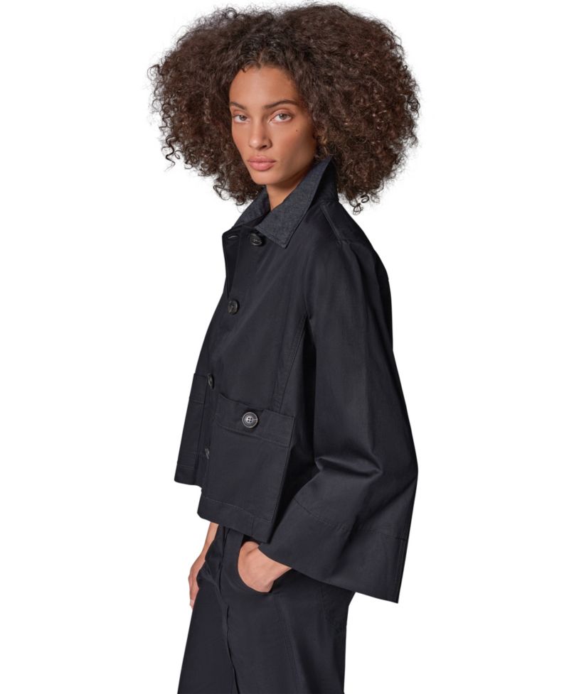 Women's Bell-Sleeve Trapeze Jacket with Denim Collar