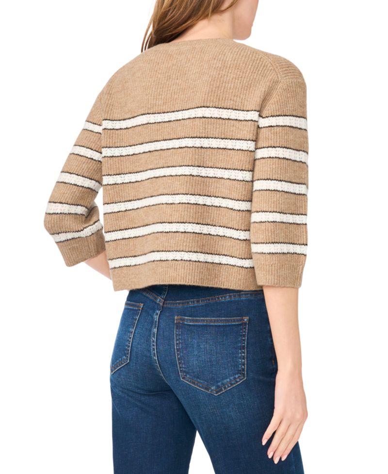 Women's Stripe Pointelle 3/4-Sleeve Crewneck Sweater