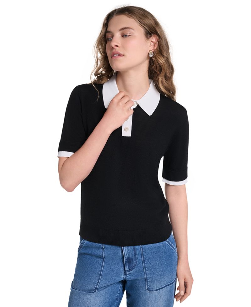 Petite Short-Sleeve Contrast Collar Sweater