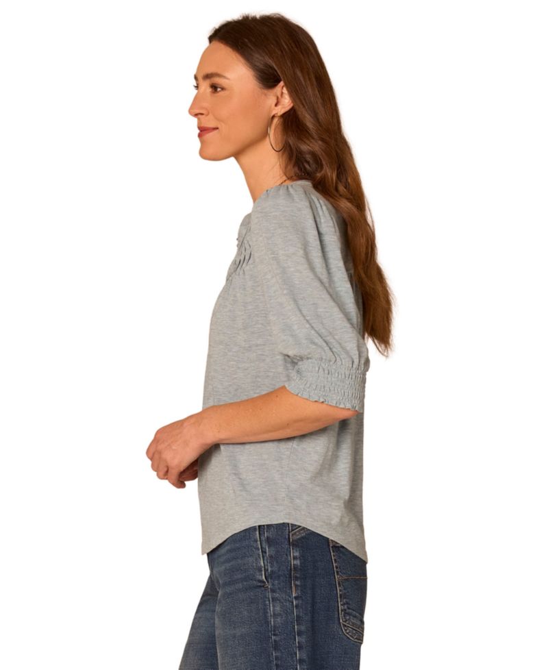 Women's Elbow-Length Blouson Sleeve Mandarin Collar Smocking and Pintuck Knit Blouse