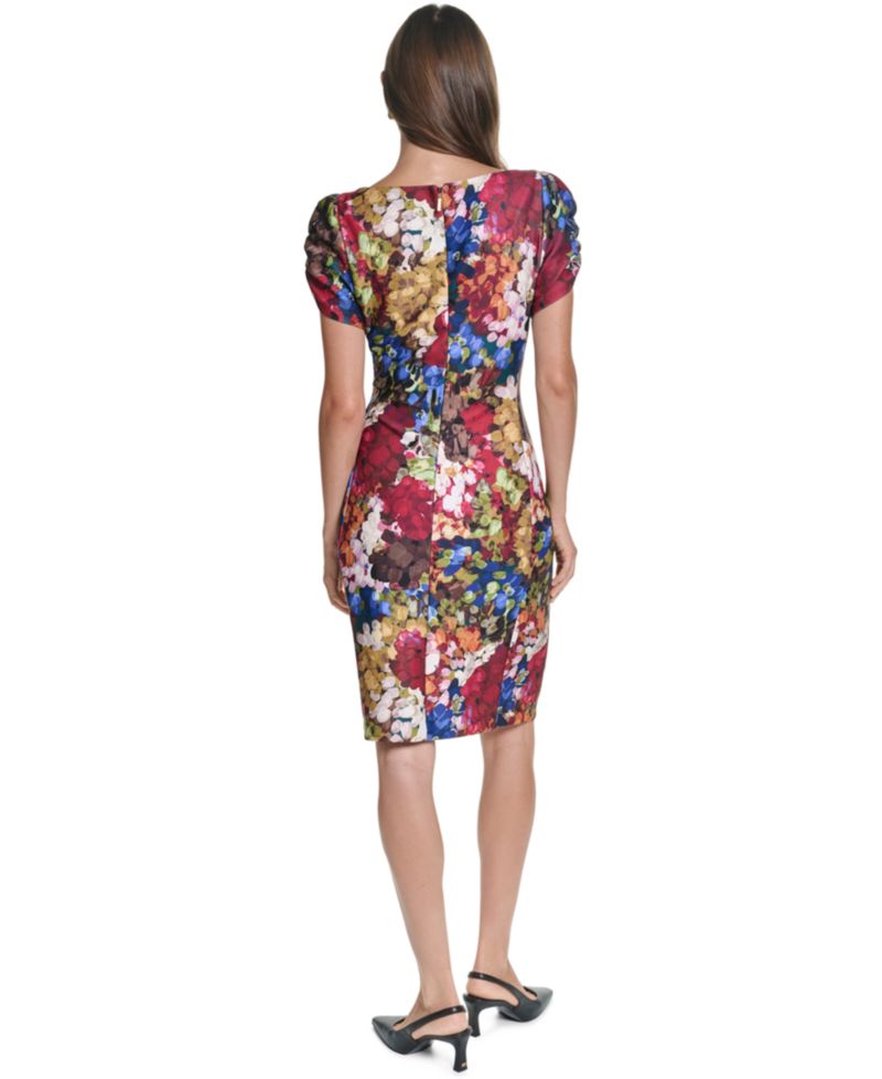 Women's Floral-Print Short-Sleeve Scuba Crepe Dress
