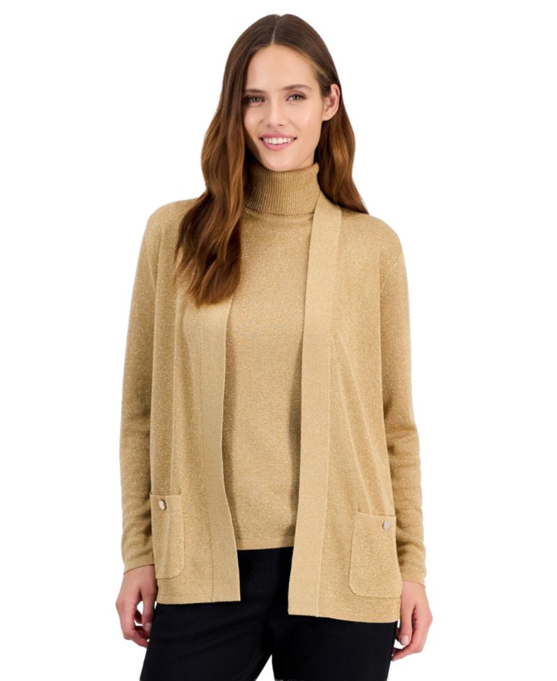 Petite Malibu Lurex Long-Sleeve Open-Front Cardigan Sweater