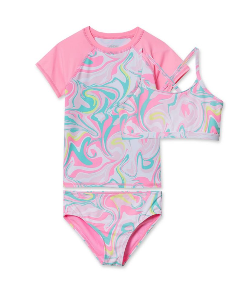 Girls Slim Chlorine Resistant Short Sleeve Rash Guard 3 Piece Swimsuit Set