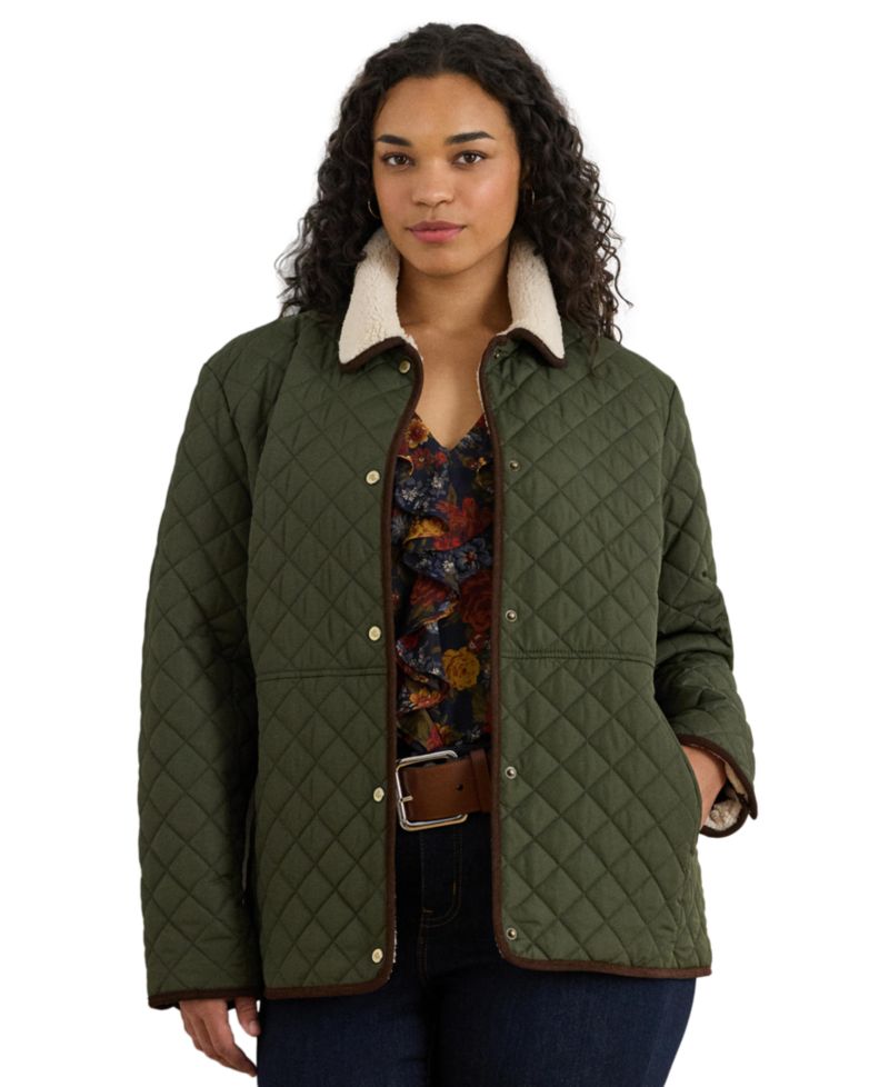 Plus Size Faux-Sherpa-Collar Quilted Jacket, Created for Macy's