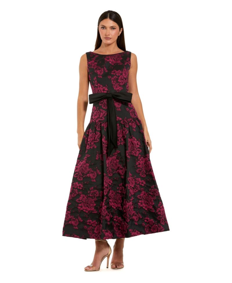 Women's Satin Bow Brocade Drop Waist Midi Dress