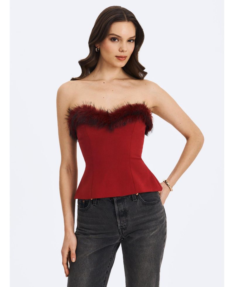 Women's Ivette Crimson Fur-Trimmed Peplum Top