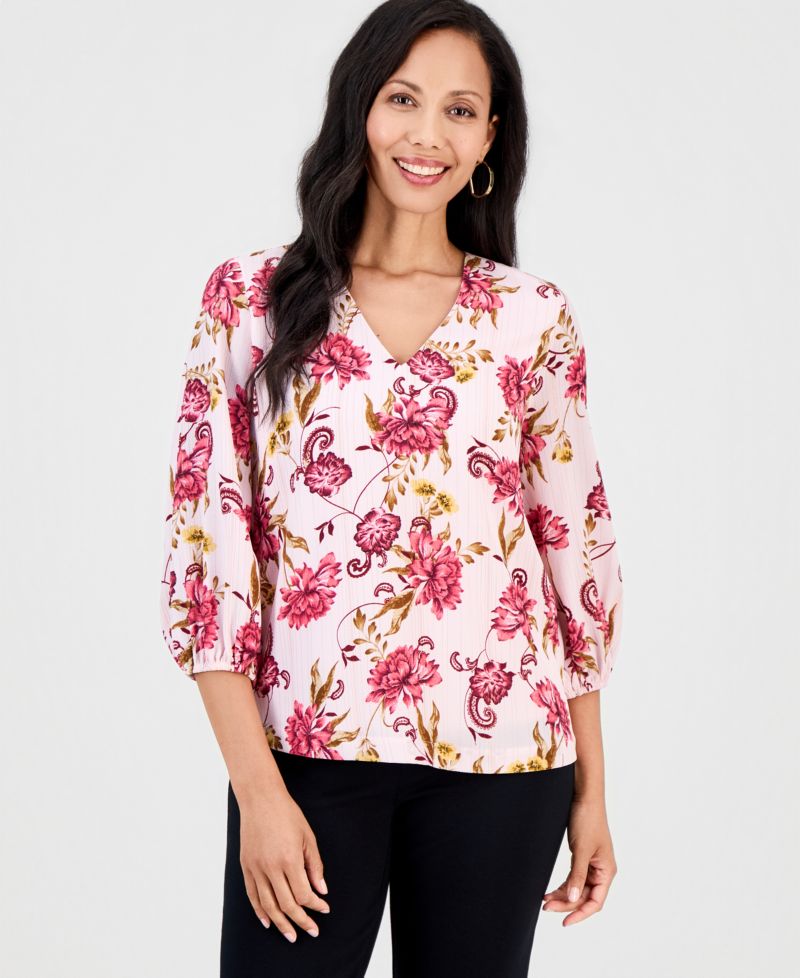 Women's Garden Floral Shine V-Neck 3/4-Sleeve Top