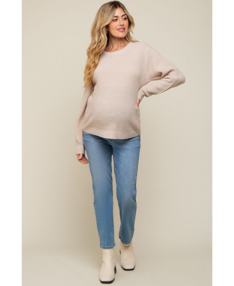 Women's Beige Waffle Knit Round Hem Sweater