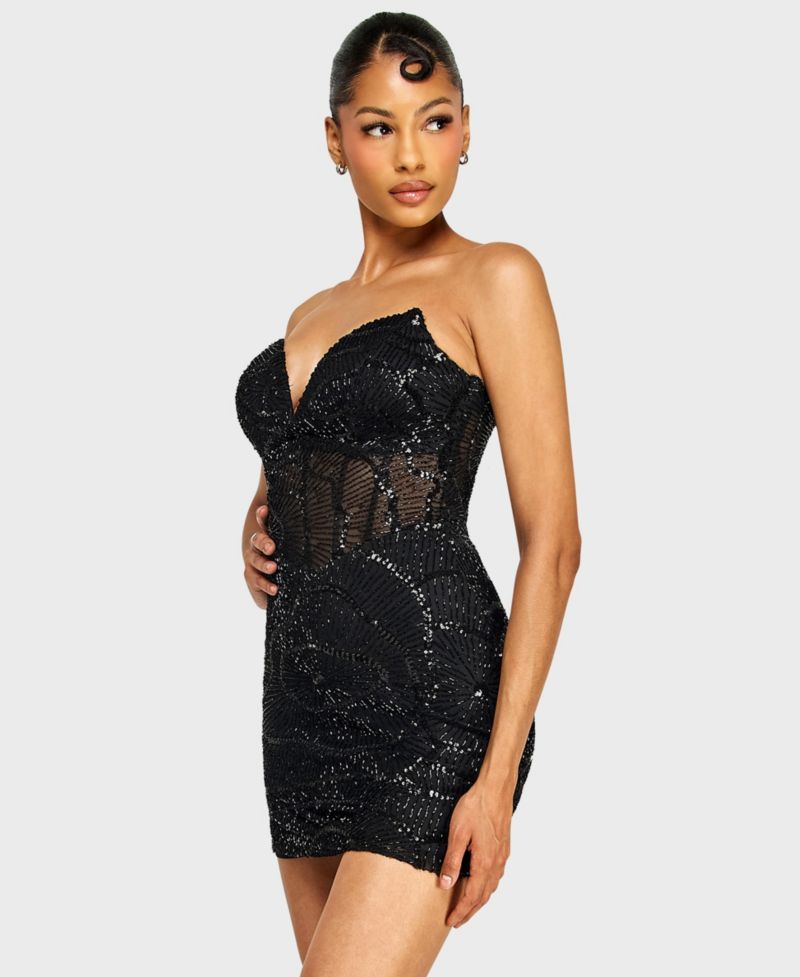 Juniors' Strapless V-Neck Sequin Beaded Mini Dress with Illusion Corset