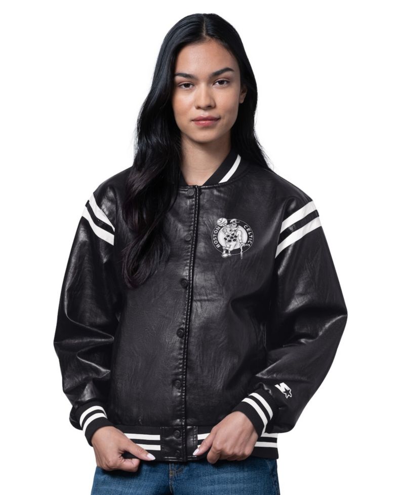 Women's Black Boston Celtics High Heat Leather Varsity Full-Snap Jacket