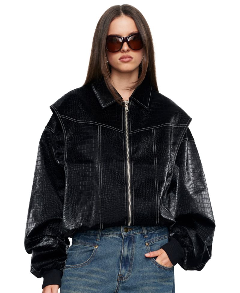 Women's Vista Cropped Croc-Embossed Bomber Jacket