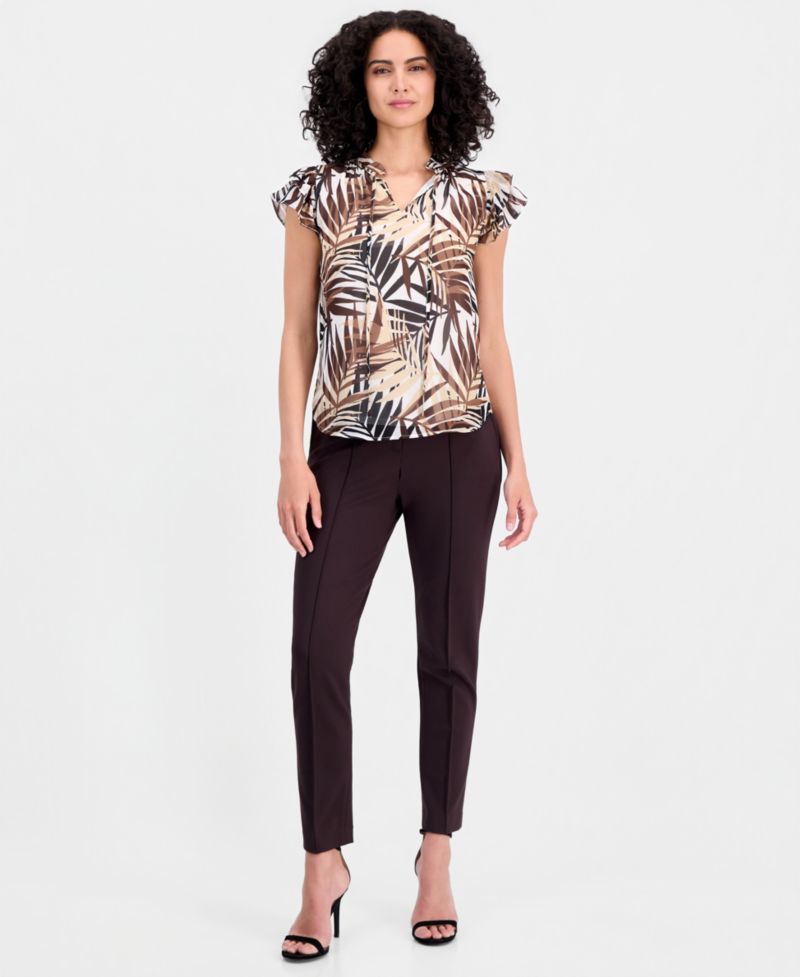 Women's Palm-Print Flutter-Sleeve Split-Neck Top