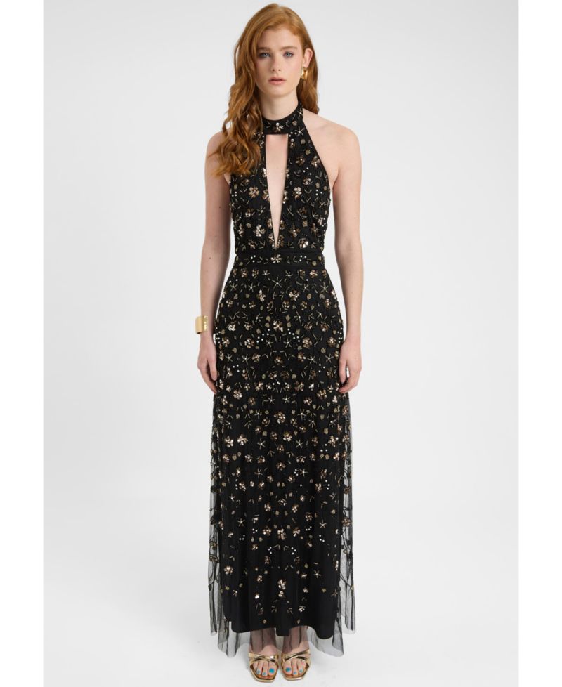 Women's Embellished Sequin Beaded Maxi Dress With Choker-Style Collar