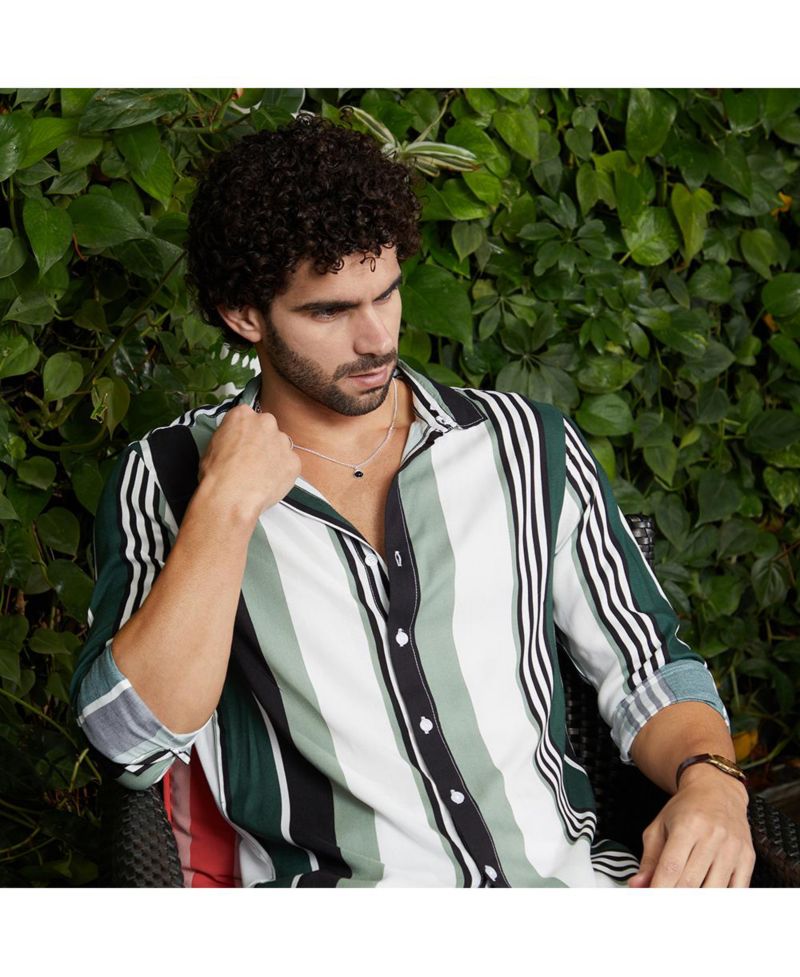 Men's Jungle Green & Cream White Multitrack-Striped Shirt