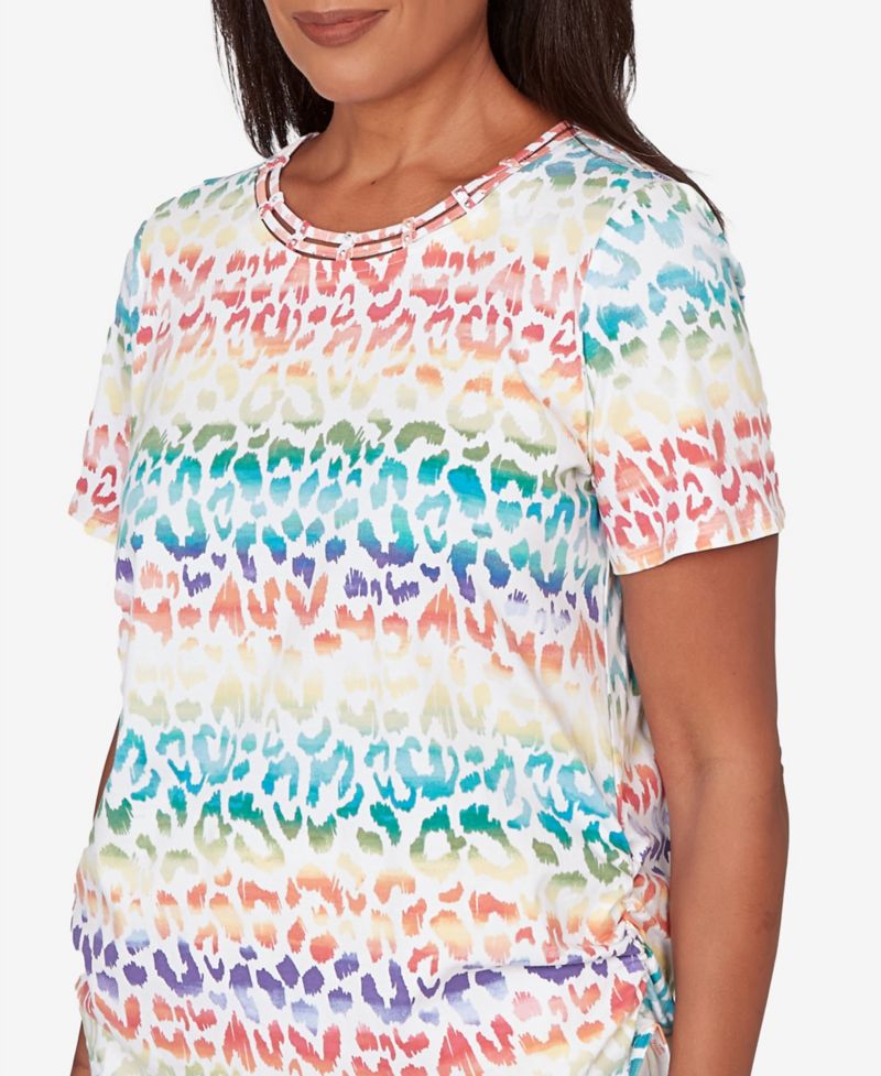 Women's Rainbow Animal Print Beaded Neck Ruched T-Shirt