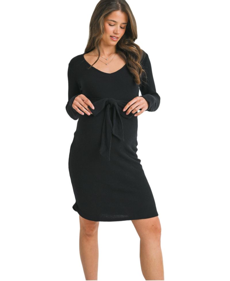 Women's Ribbed Knit Tie-Front V Neck Dress