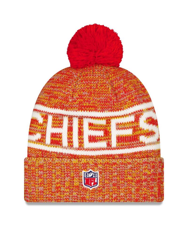 Men's Red Kansas City Chiefs 2025 Sideline Cold Weather Cuffed Knit with Pom Hat