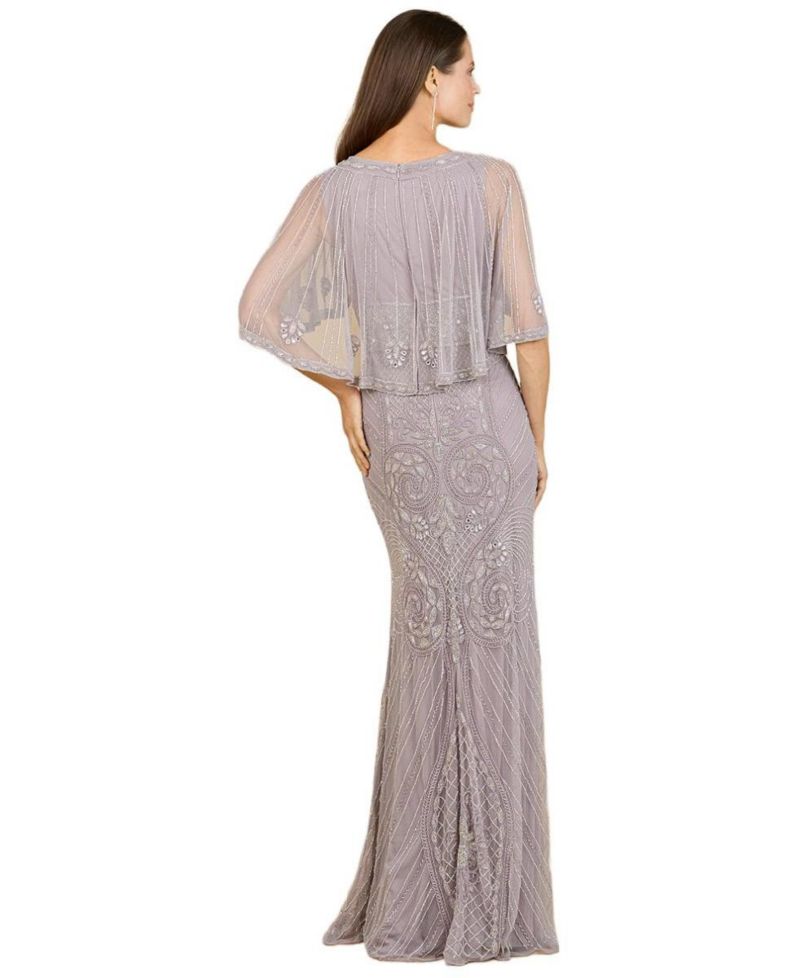 Women's Cape-Sleeve V-Neck Beaded Gown