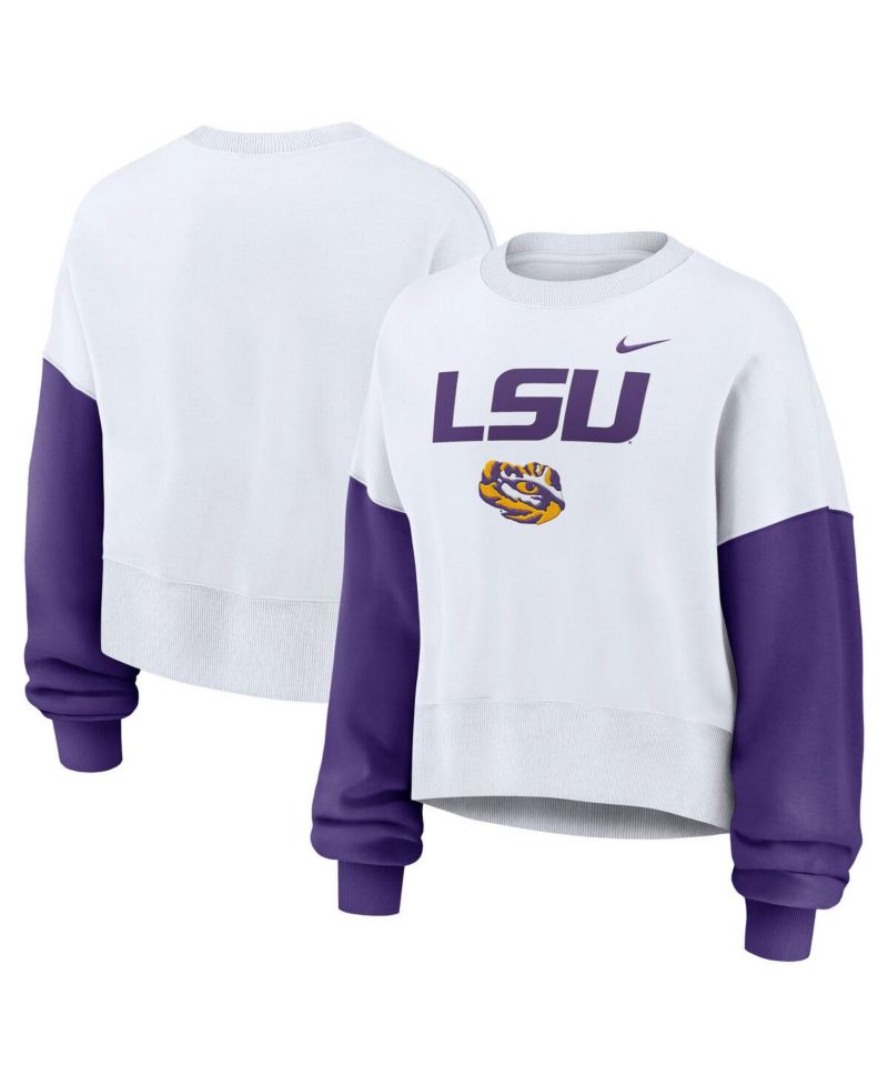 Women's White LSU Tigers Color-Block Oversized Cropped Pullover Sweatshirt