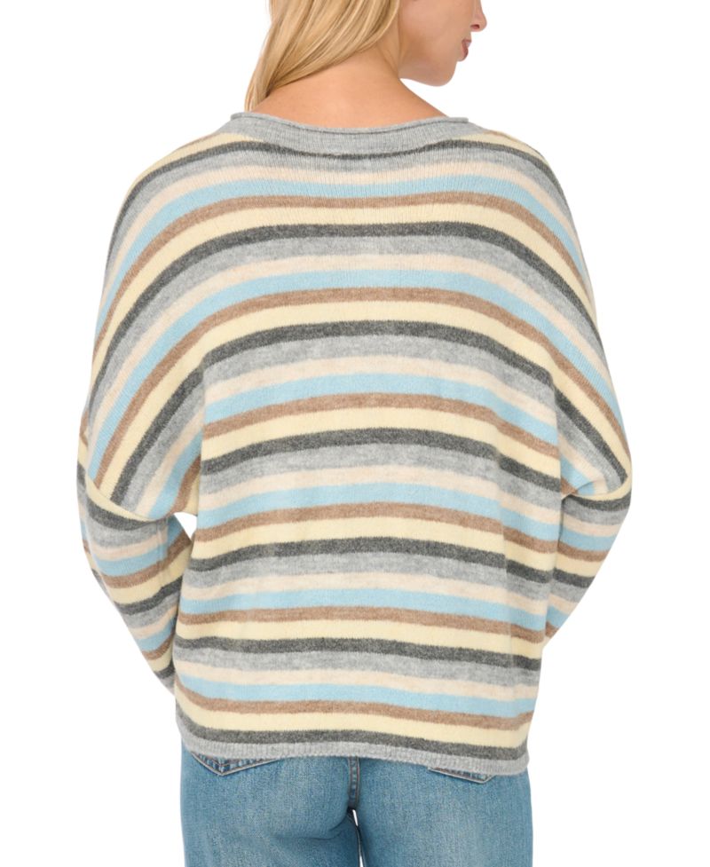 Women's Striped Crewneck Long-Sleeve Cardigan Sweater