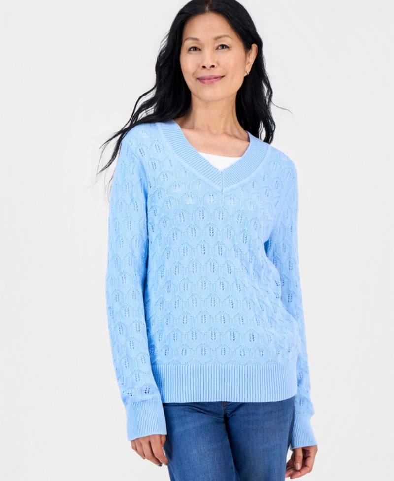 Petite Pointelle V-Neck Cotton Sweater