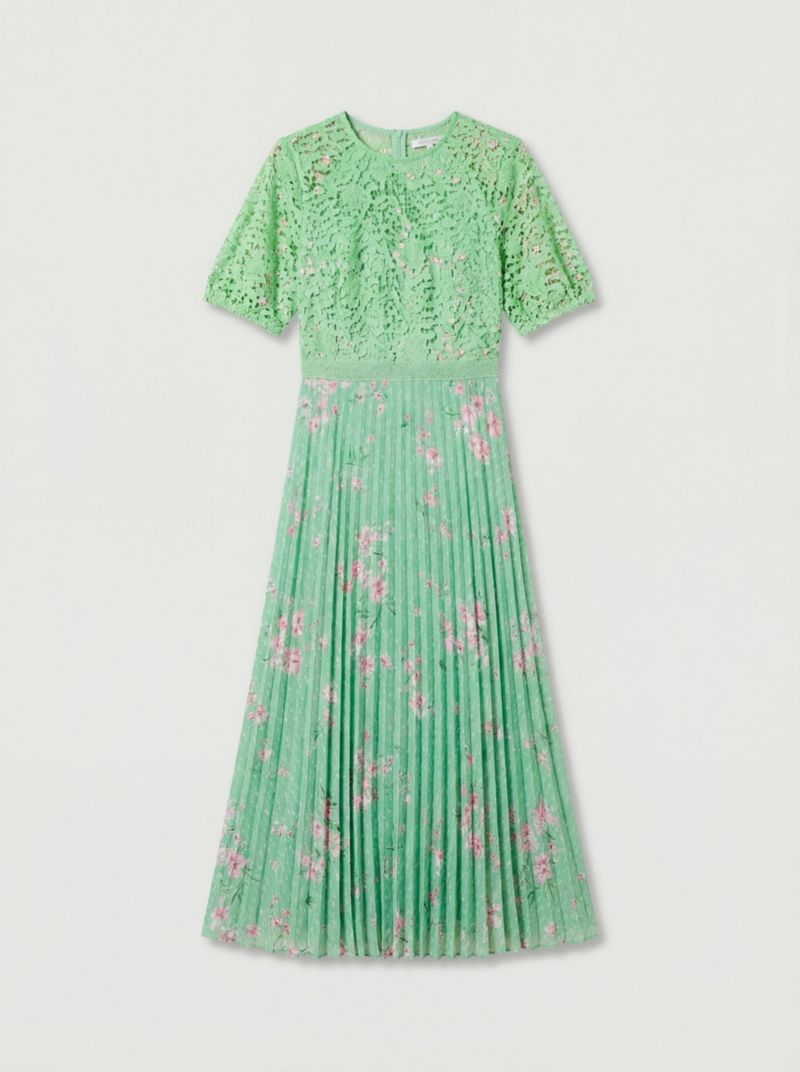 Women's Floral Lace Bodice Pleated Midi Dress