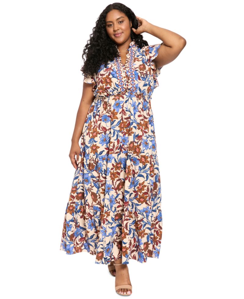 Plus Size Tiered Flutter-Sleeve Bubble-Crepe Maxi Dress