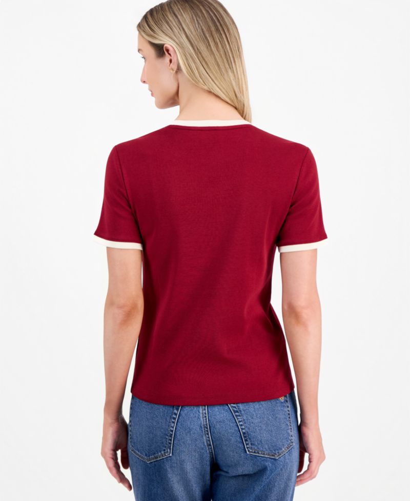 Women's Cotton Button-Shoulder Ringer T-Shirt