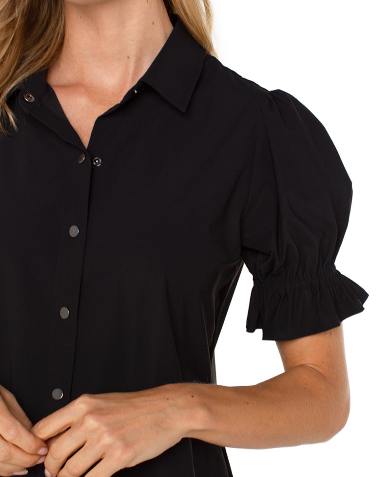 Women's Elbow Puff Sleeve Snap Front Collar Top