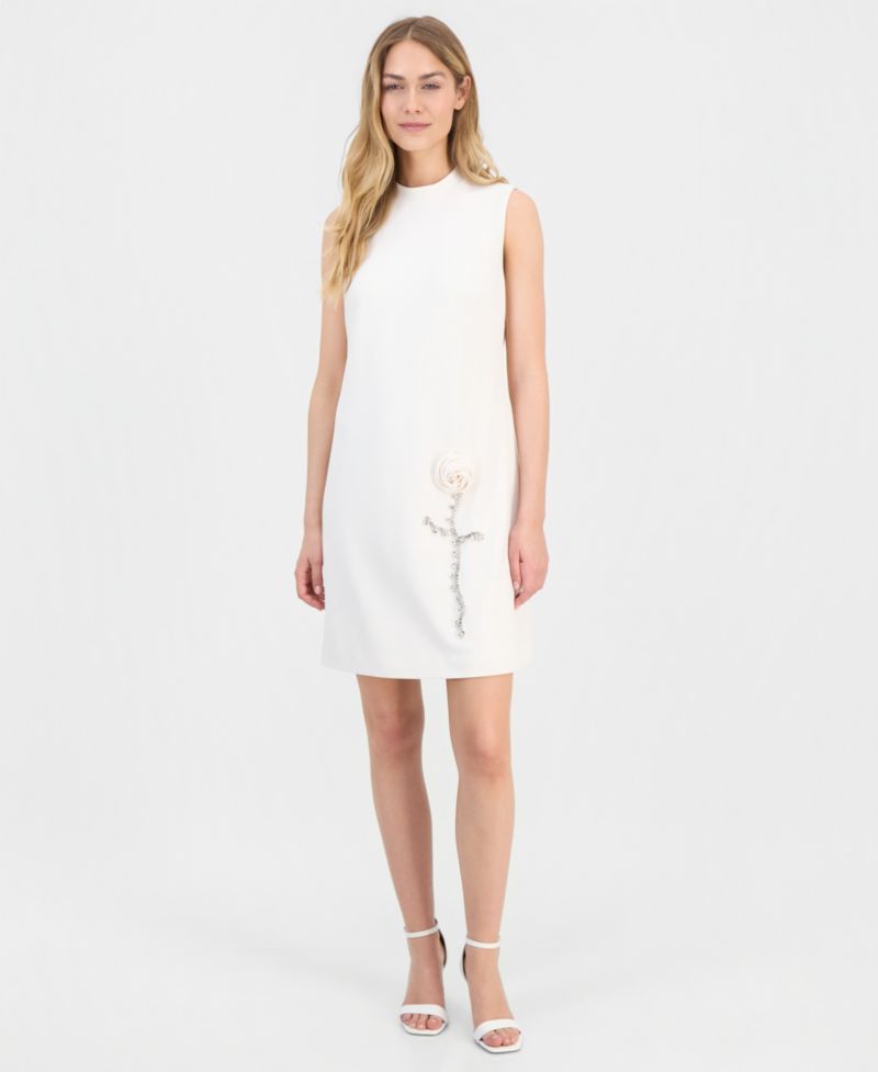 Women's Rose-Detail Mock-Neck Swing Dress
