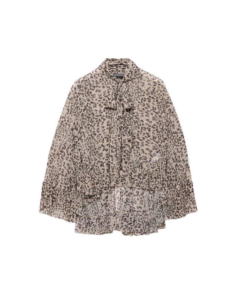 Women's Leopard-Print Long-Sleeve Tie-Neck Blouse