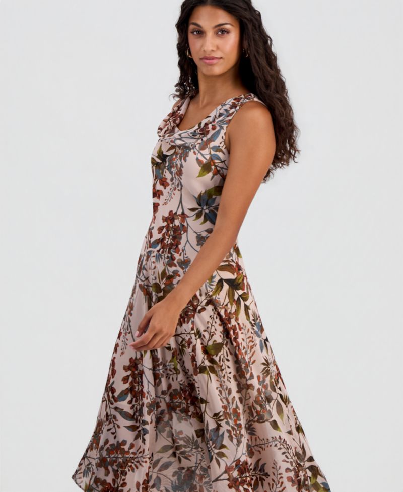 Petite Printed Chiffon Drape-Neck Midi Dress