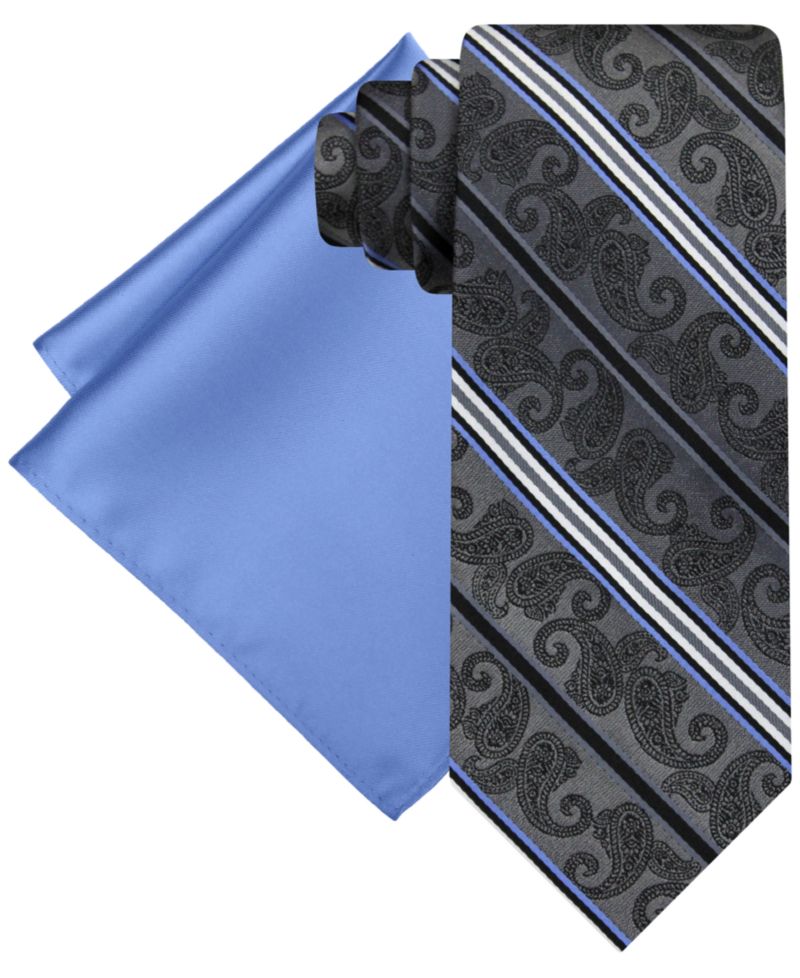 Men's Stripe Paisley Tie & Solid Pocket Square Set