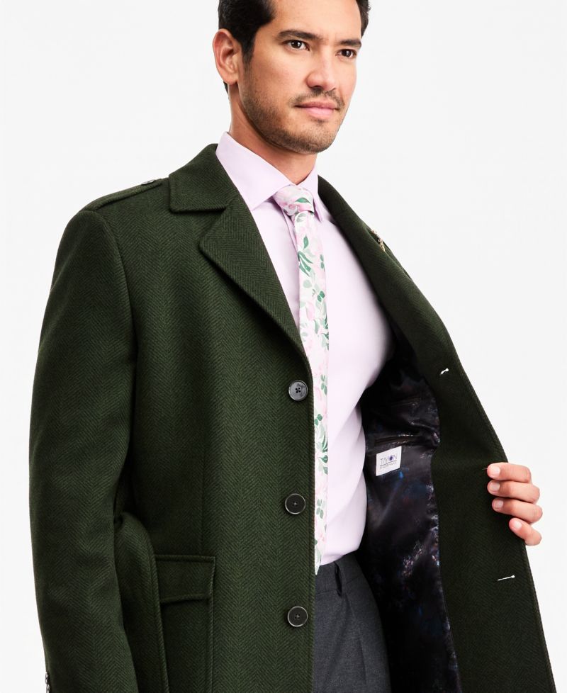 Men's Classic-Fit Green Herringbone Overcoat