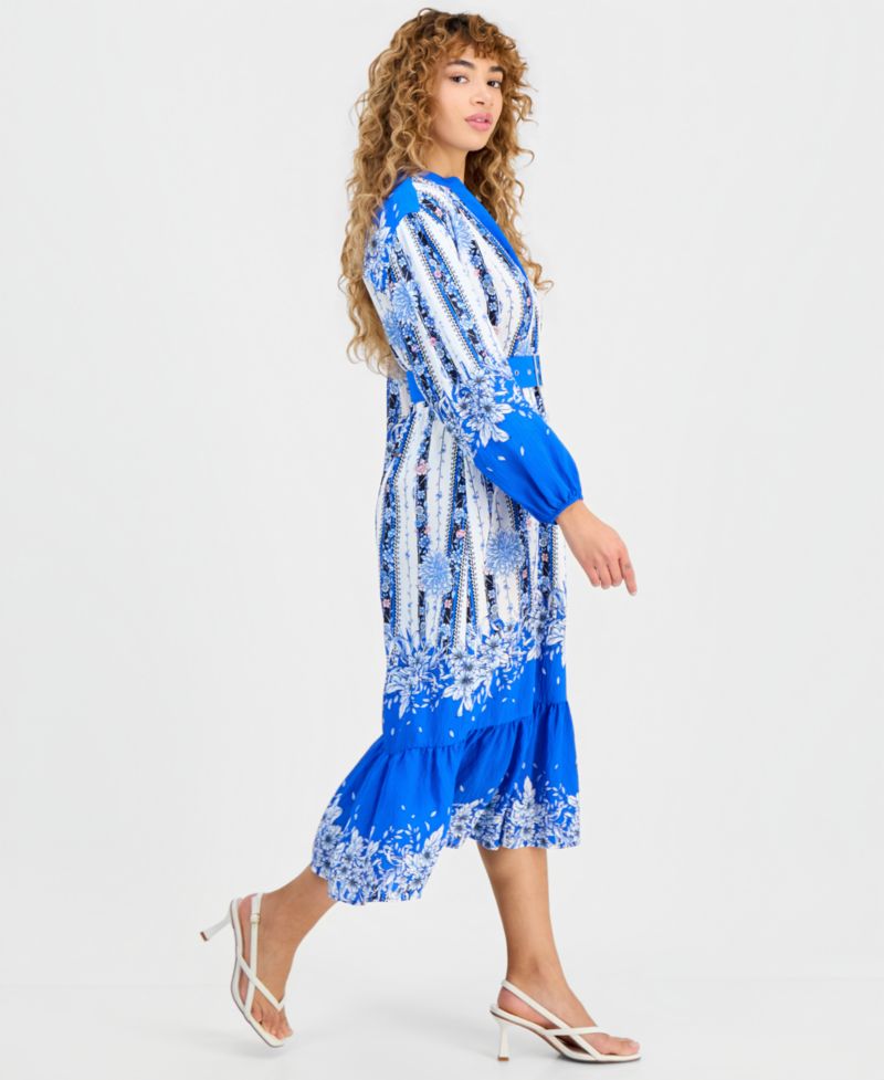 Women's Floral Belted Half-Placket Dress