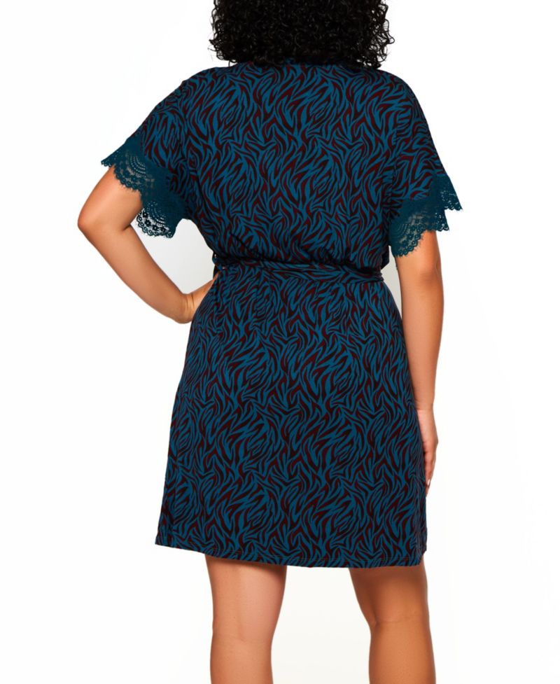 Plus Size Zebra Print Jersey Knit Robe with Lace Trims