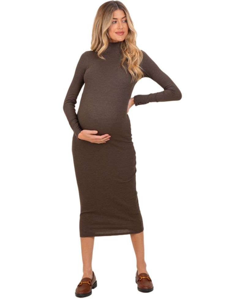 Women's Brown Turtle Neck Long Sleeve Rib Fitted Midi Dress