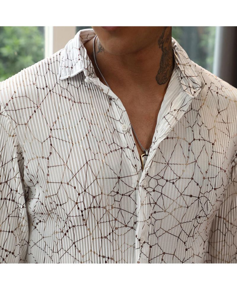 Men's Chalk White Veined-Pleated Shirt