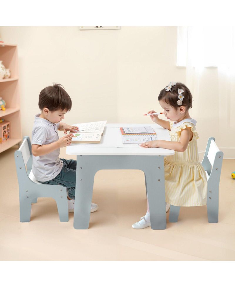 4-in-1 Kids Activity Table & 2 Chairs Set, Double-Sided Graffiti/Blocks Top w/ Storage, Ages 3+