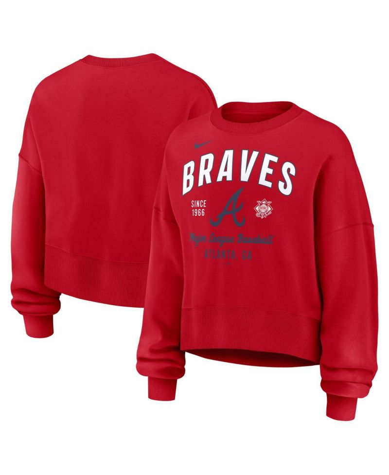 Women's Red Atlanta Braves Oversized Long Sleeve Cropped Pullover Sweatshirt